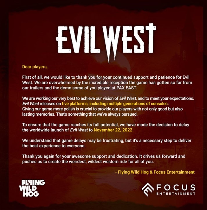 Evil West release date delayed